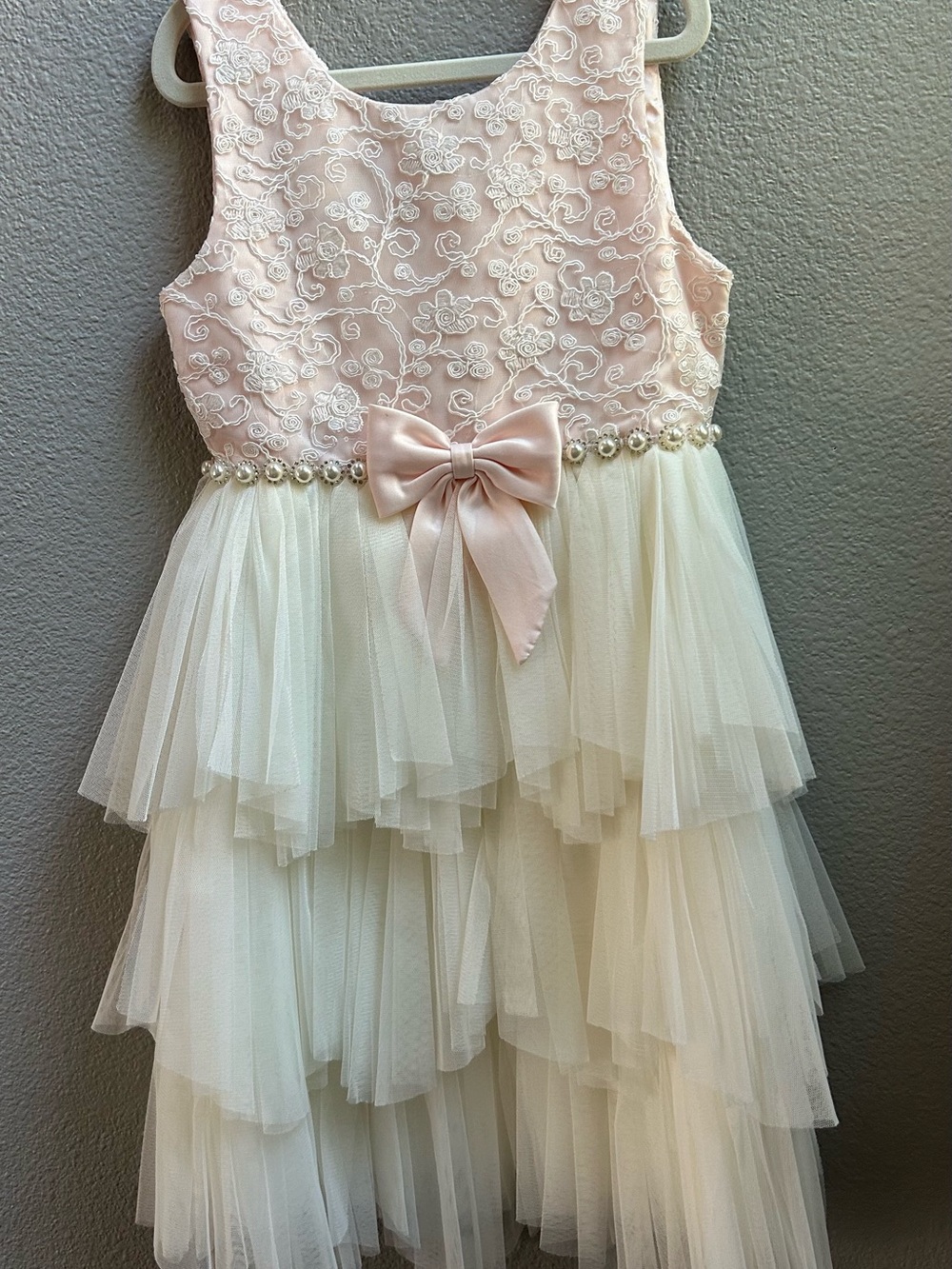 Girls Pink Lace Bodice Ivory Tiered Tulle Dress with Pearl Waist Bow